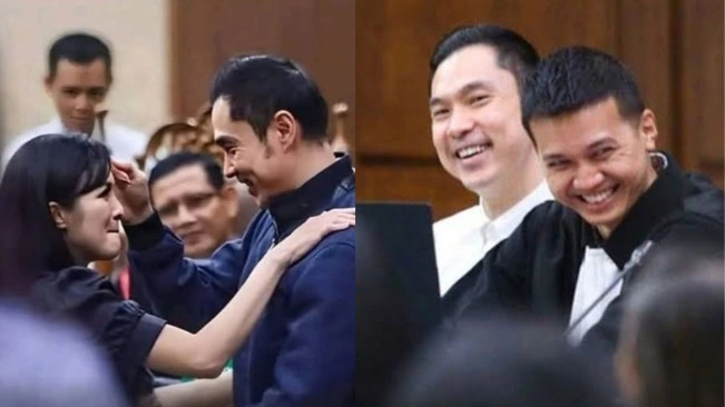 Sandra Dewi menghampiri Harvey Moeis duduk sejajar di deretan kursi pengacara. Keduanya saling mendekat dan saling berpelukan saat melepas rindu. [Instagram]